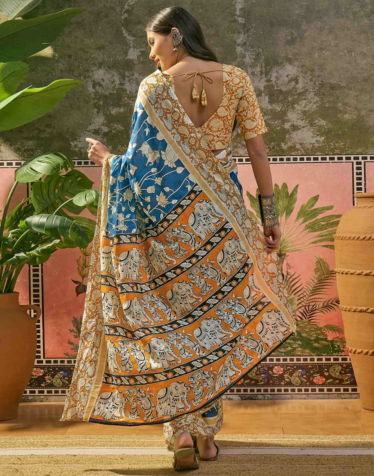 Ready To Wear Blue Cotton Printed Saree