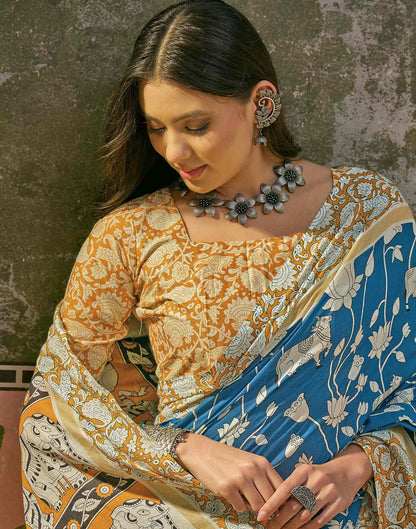 Ready To Wear Blue Cotton Printed Saree