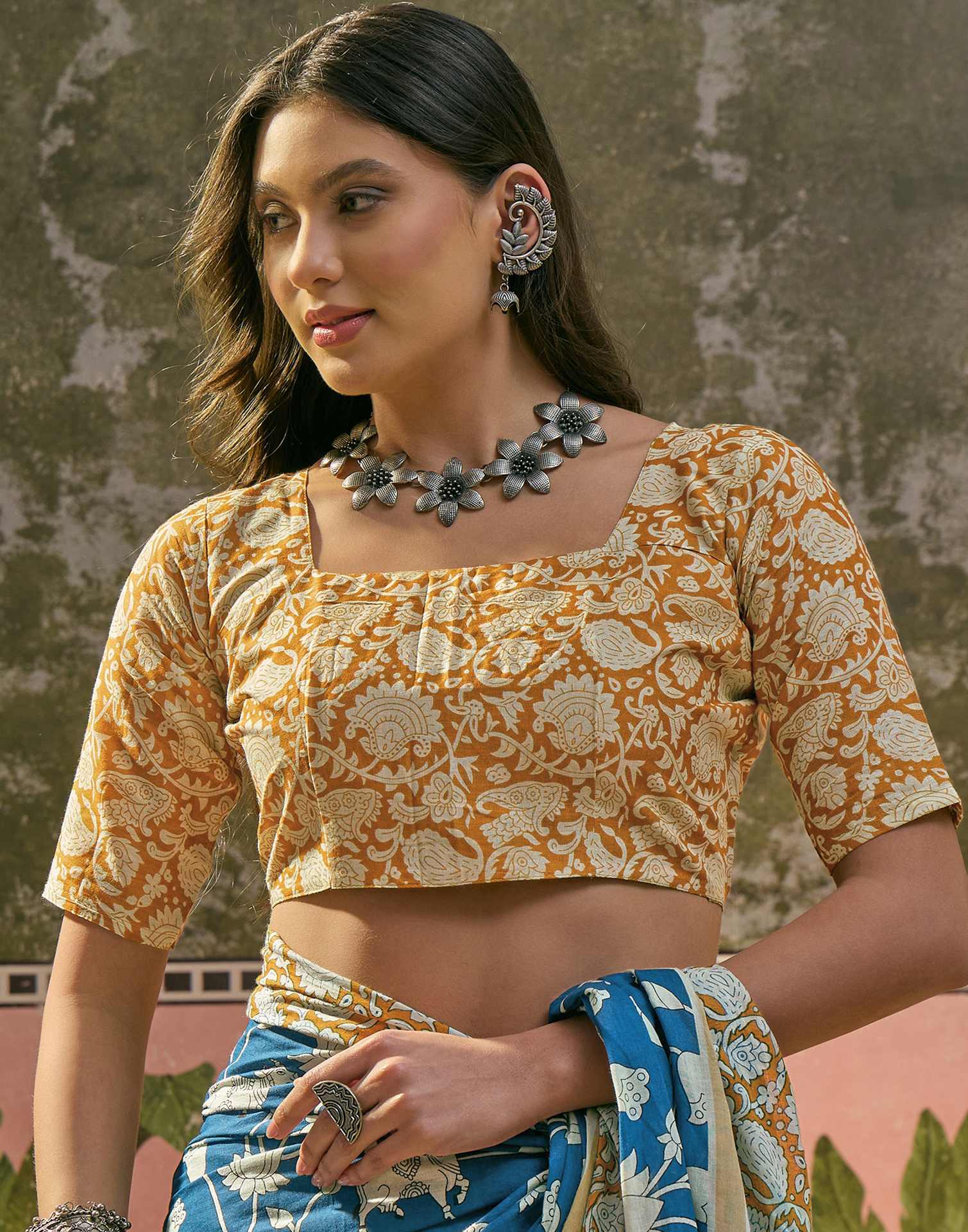 Ready To Wear Blue Cotton Printed Saree