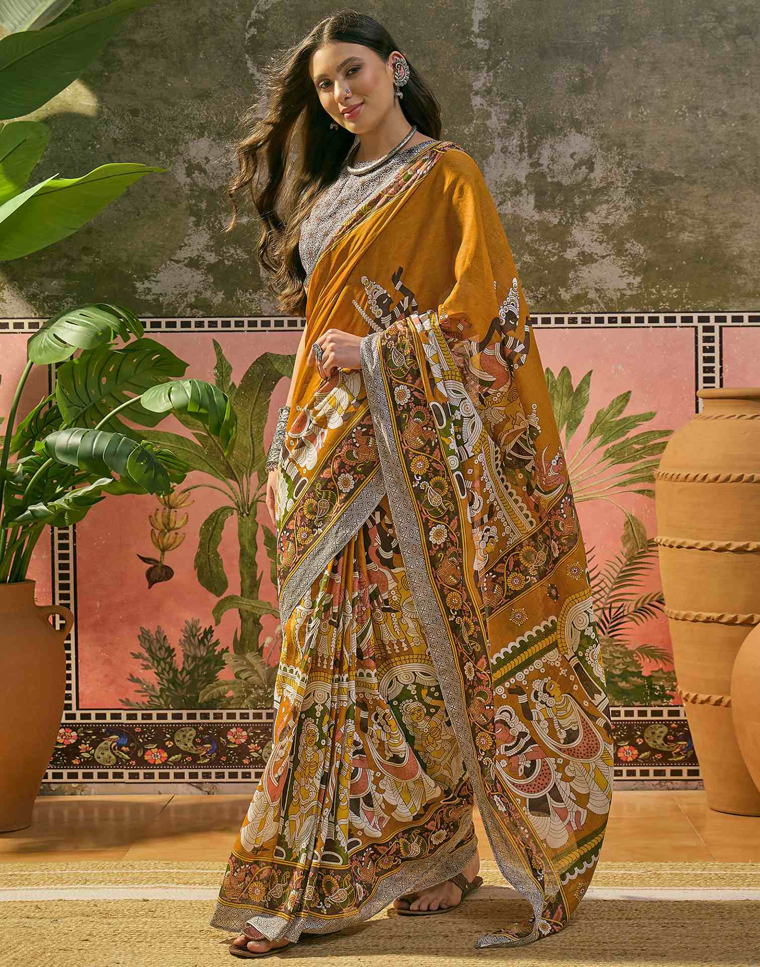 Ready To Wear Mustard Yellow Cotton Printed Saree