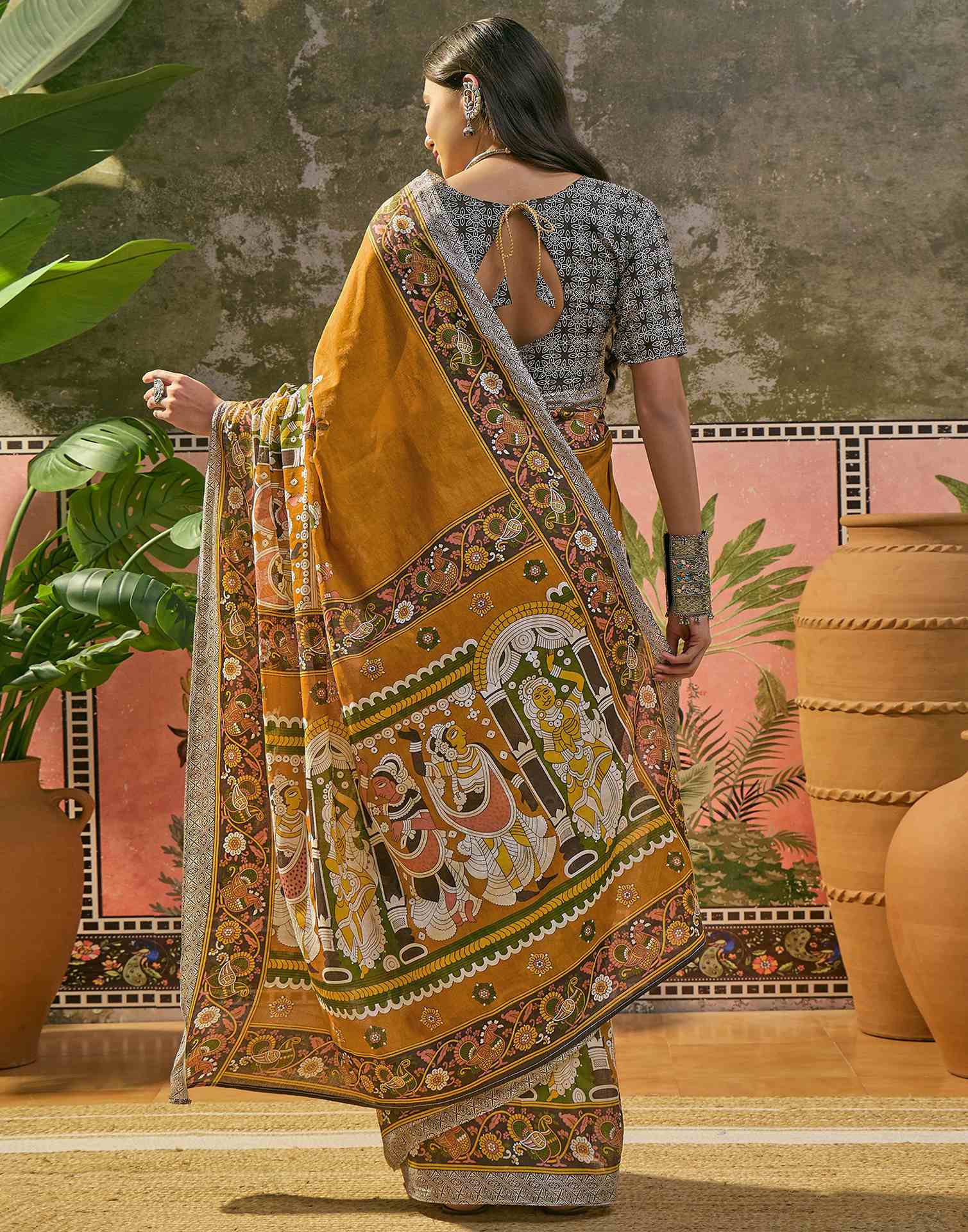 Ready To Wear Mustard Yellow Cotton Printed Saree