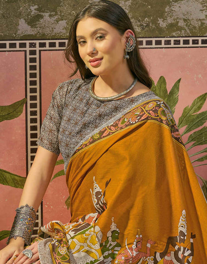 Ready To Wear Mustard Yellow Cotton Printed Saree