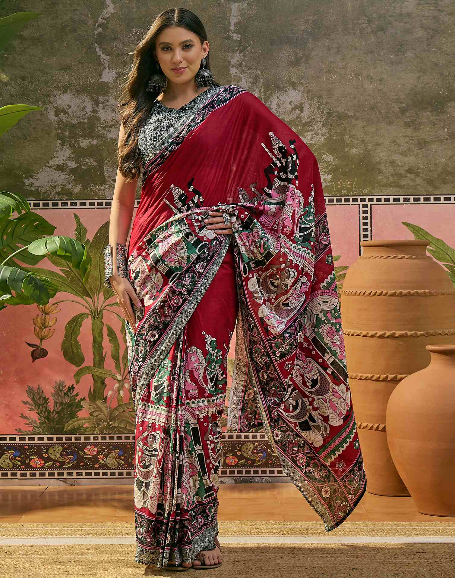 Ready To Wear Maroon Cotton Printed Saree