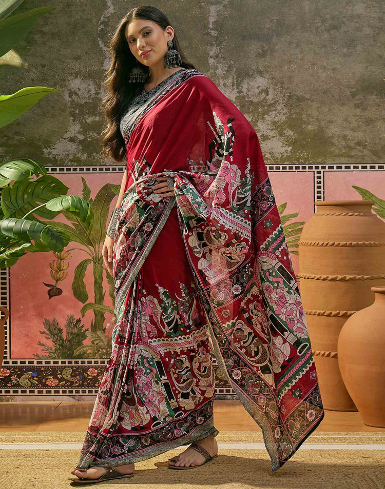 Ready To Wear Maroon Cotton Printed Saree