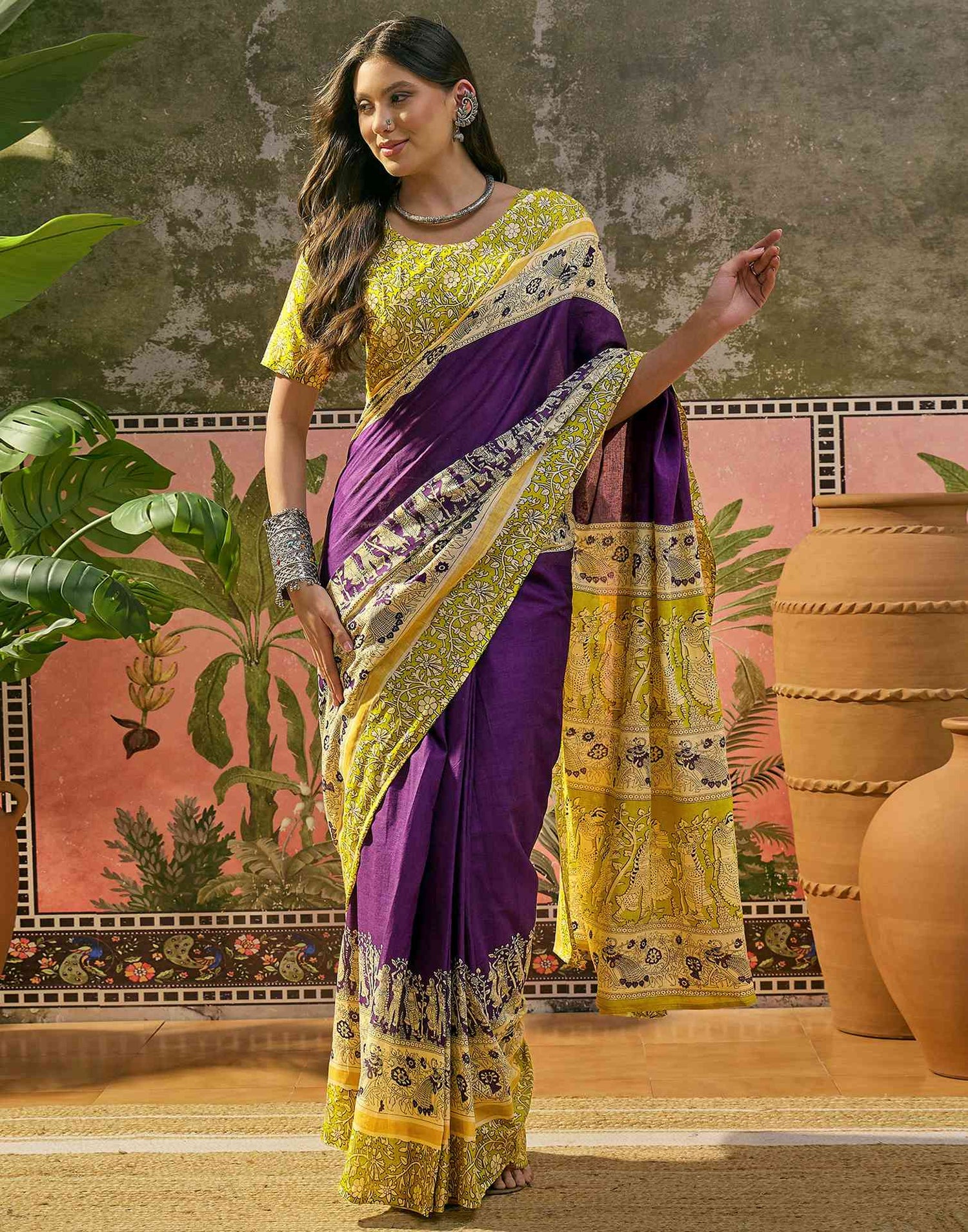 Ready To Wear Purple Cotton Printed Saree