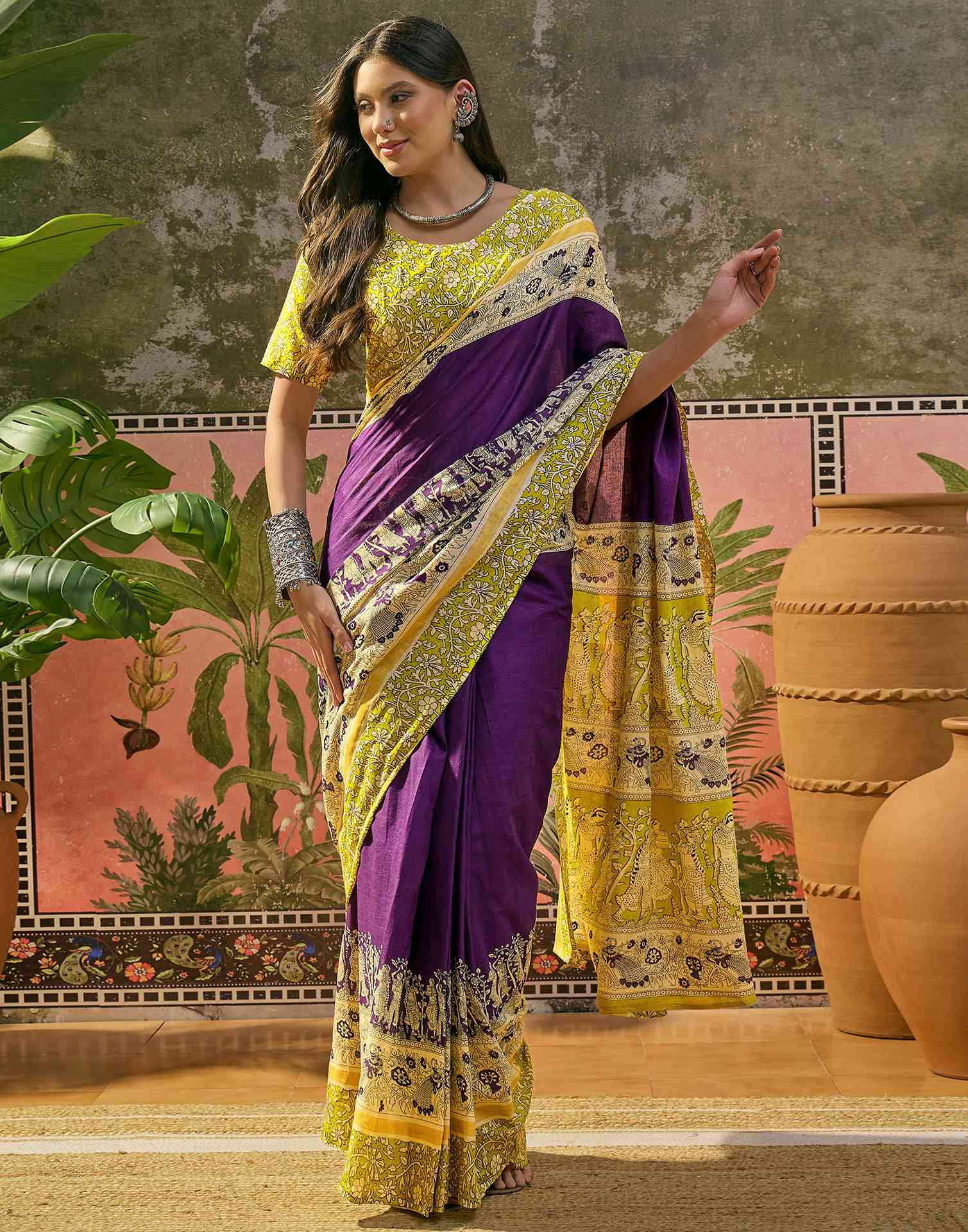 Ready To Wear Purple Cotton Printed Saree