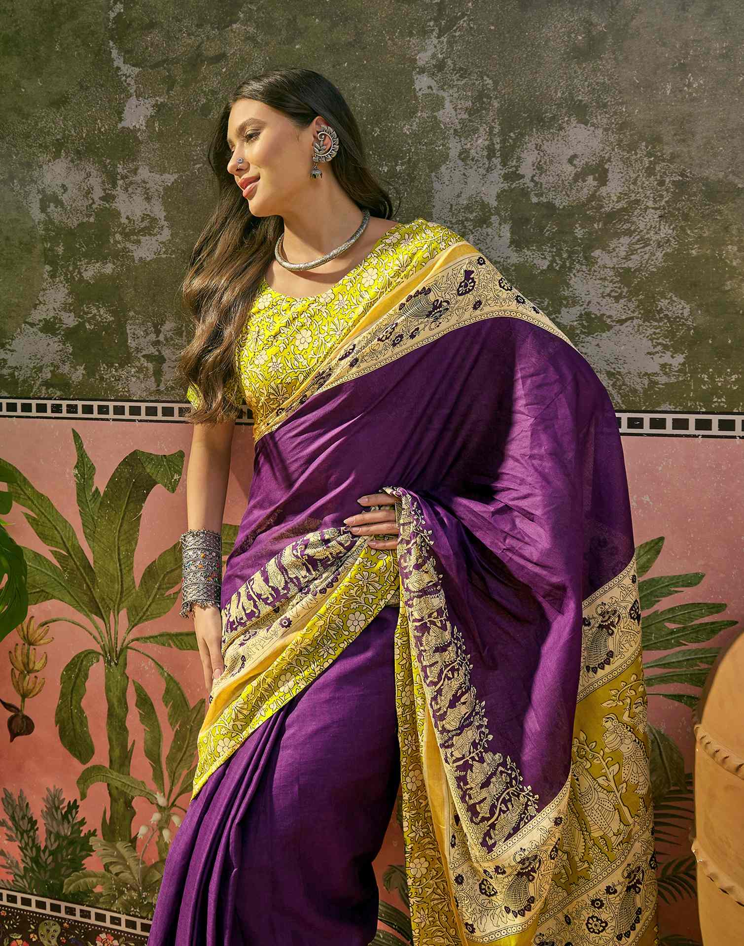 Ready To Wear Purple Cotton Printed Saree