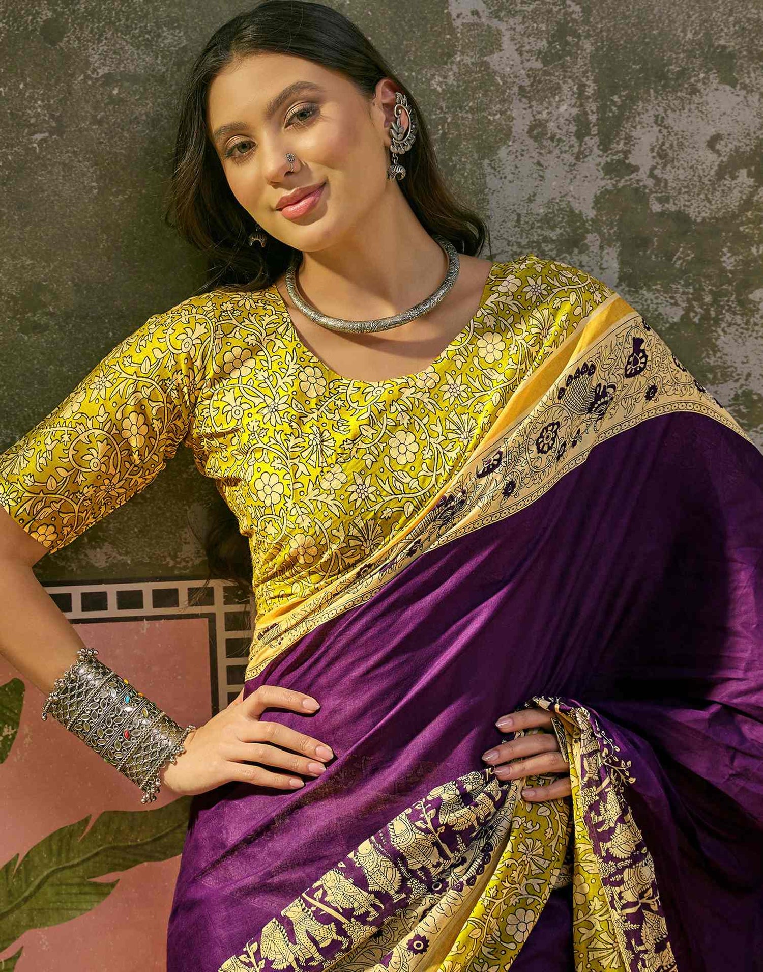 Ready To Wear Purple Cotton Printed Saree