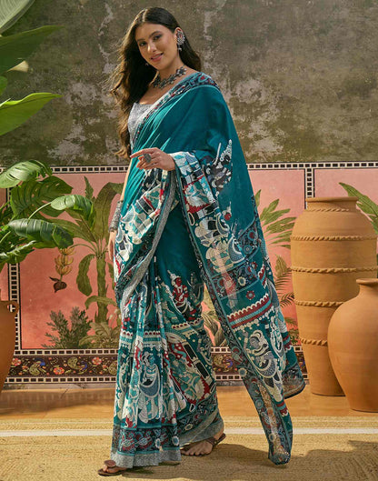 Ready To Wear Teal Blue Cotton Printed Saree