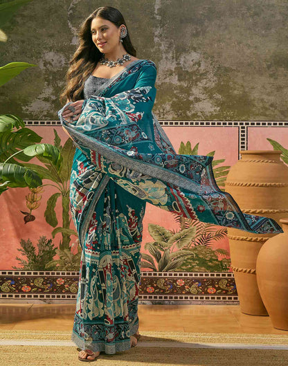 Ready To Wear Teal Blue Cotton Printed Saree