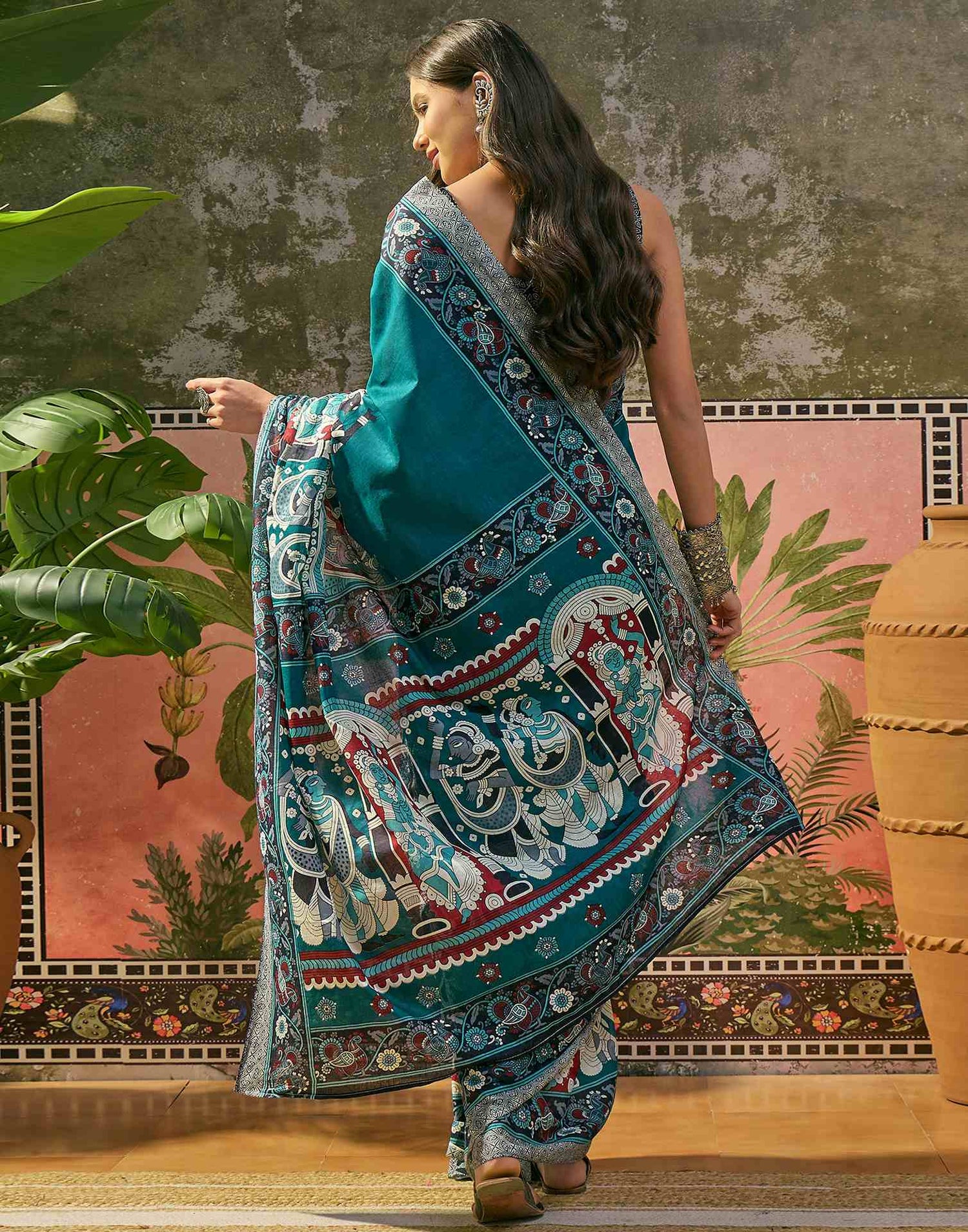 Ready To Wear Teal Blue Cotton Printed Saree