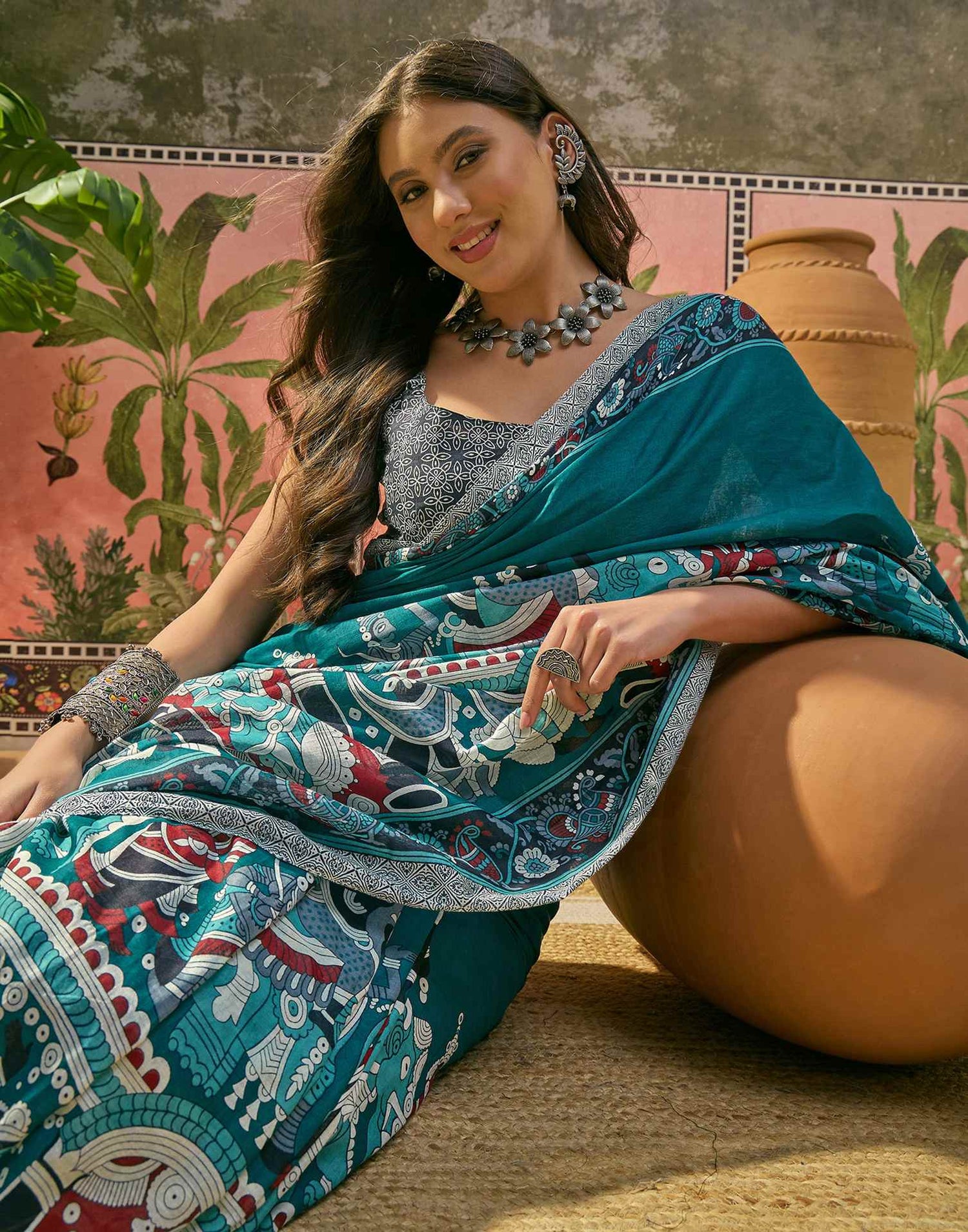 Ready To Wear Teal Blue Cotton Printed Saree