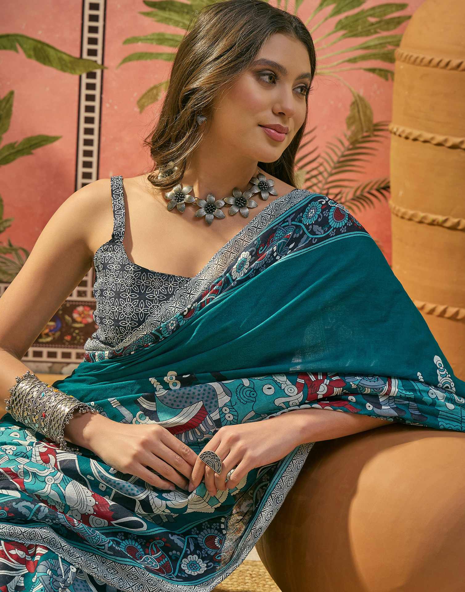 Ready To Wear Teal Blue Cotton Printed Saree