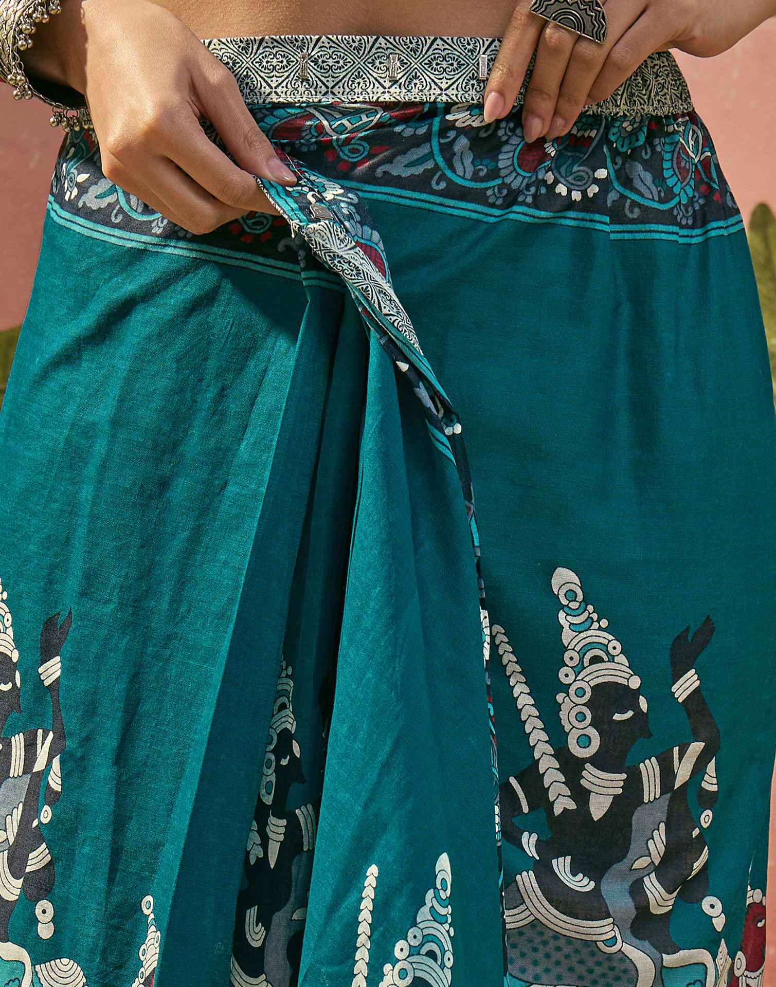 Ready To Wear Teal Blue Cotton Printed Saree