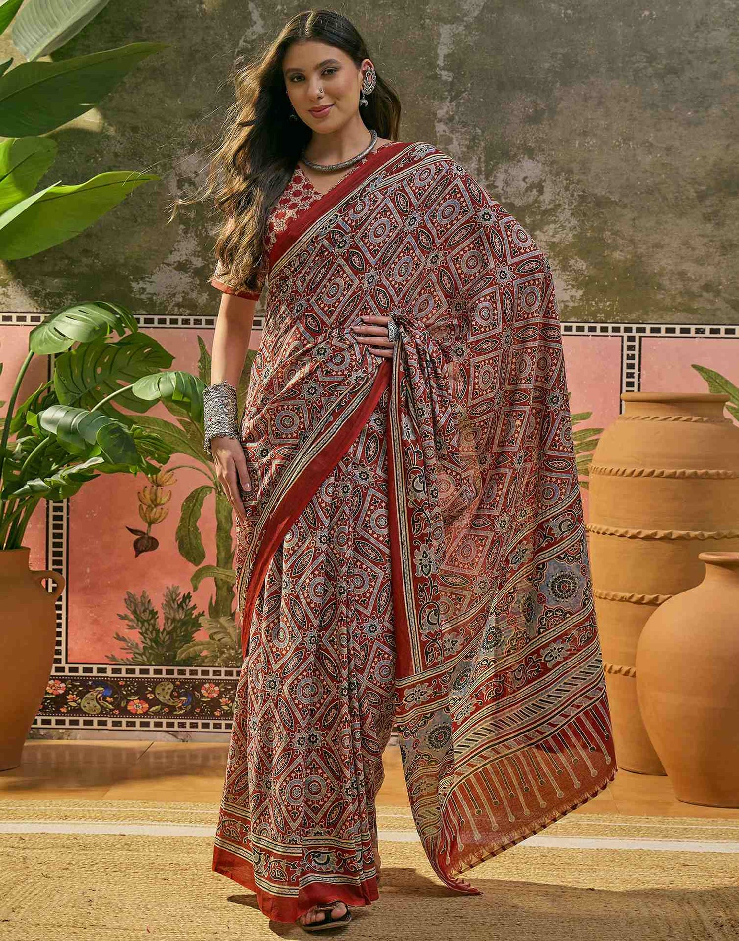 Ready To Wear Rust Cotton Printed Saree