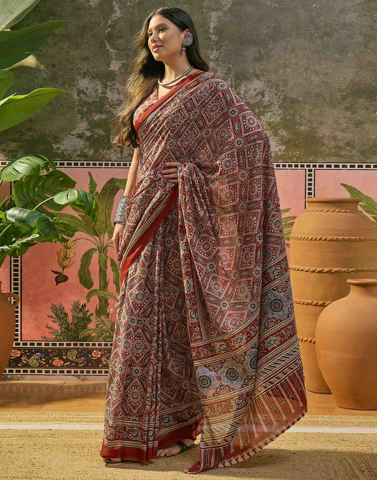 Ready To Wear Rust Cotton Printed Saree