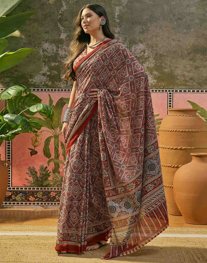 Ready To Wear Rust Cotton Printed Saree
