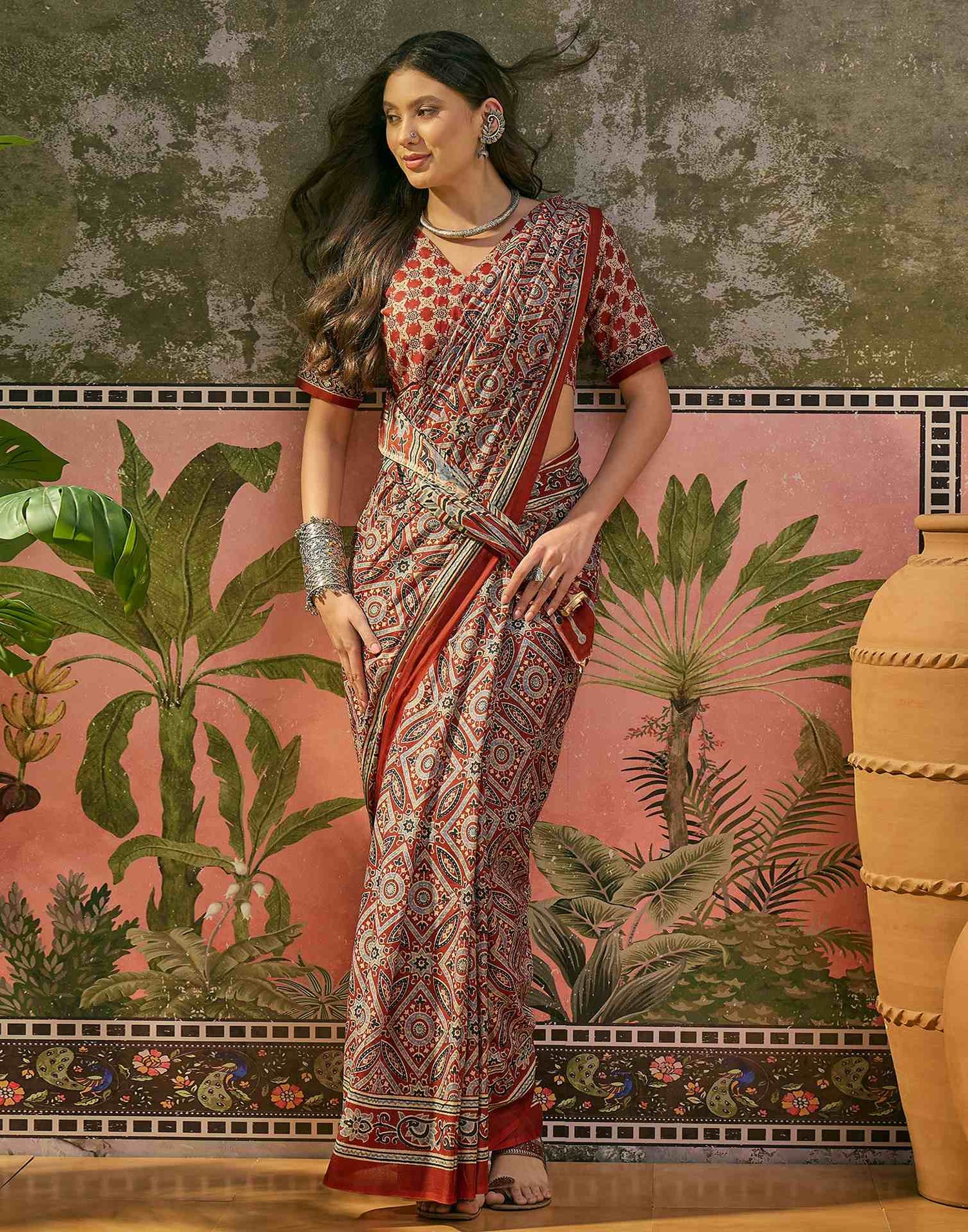Ready To Wear Rust Cotton Printed Saree