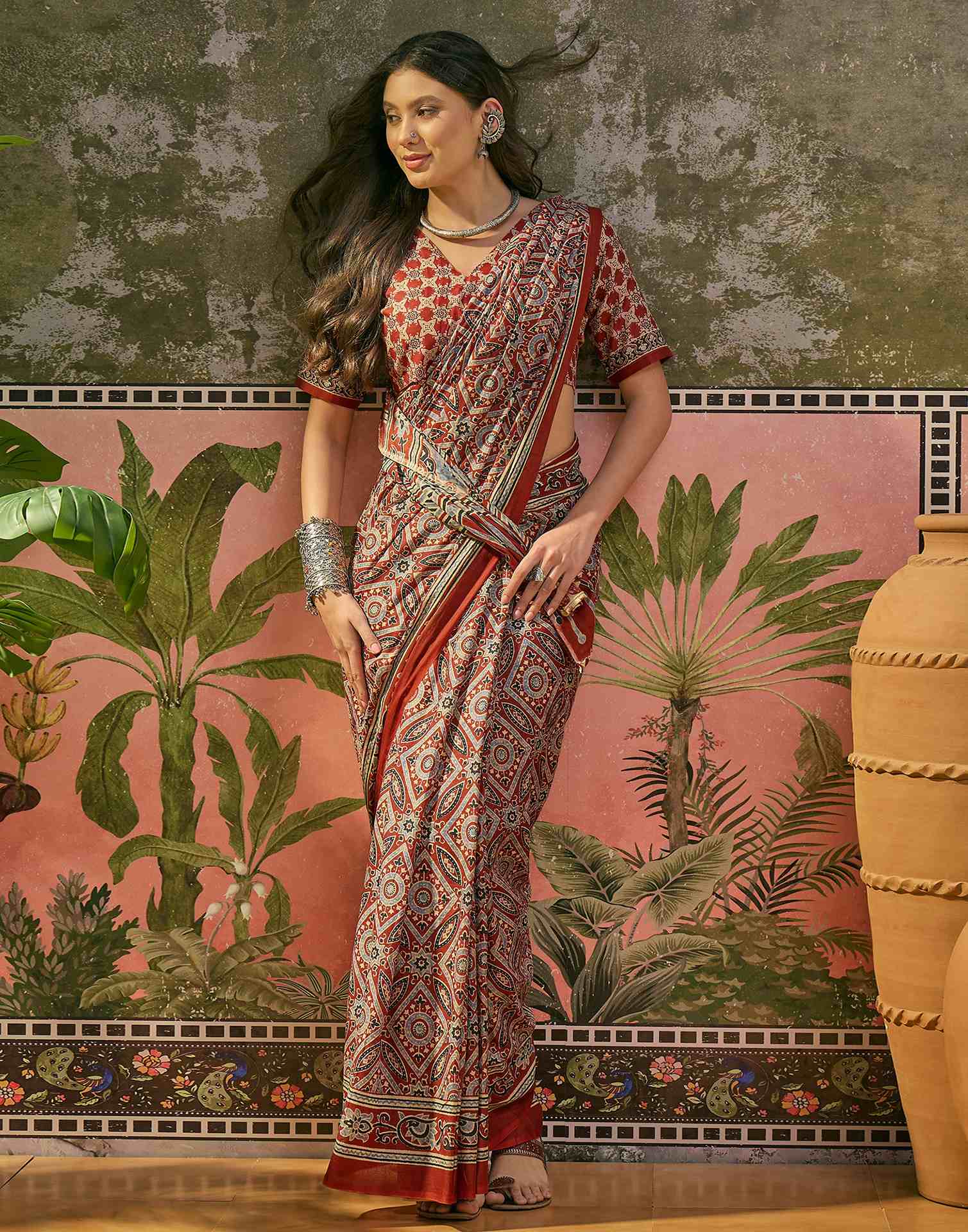 Ready To Wear Rust Cotton Printed Saree