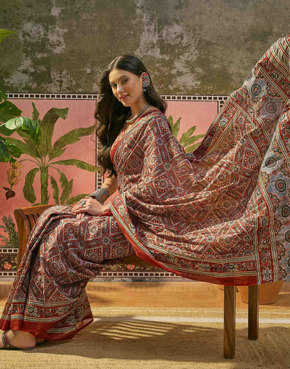 Ready To Wear Rust Cotton Printed Saree