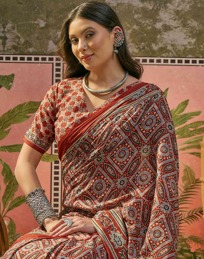Ready To Wear Rust Cotton Printed Saree