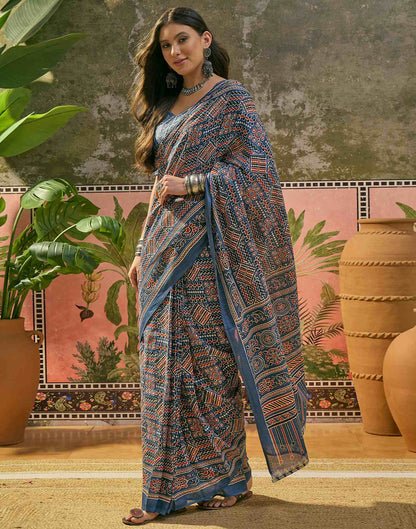 Ready To Wear Blue Cotton Printed Saree
