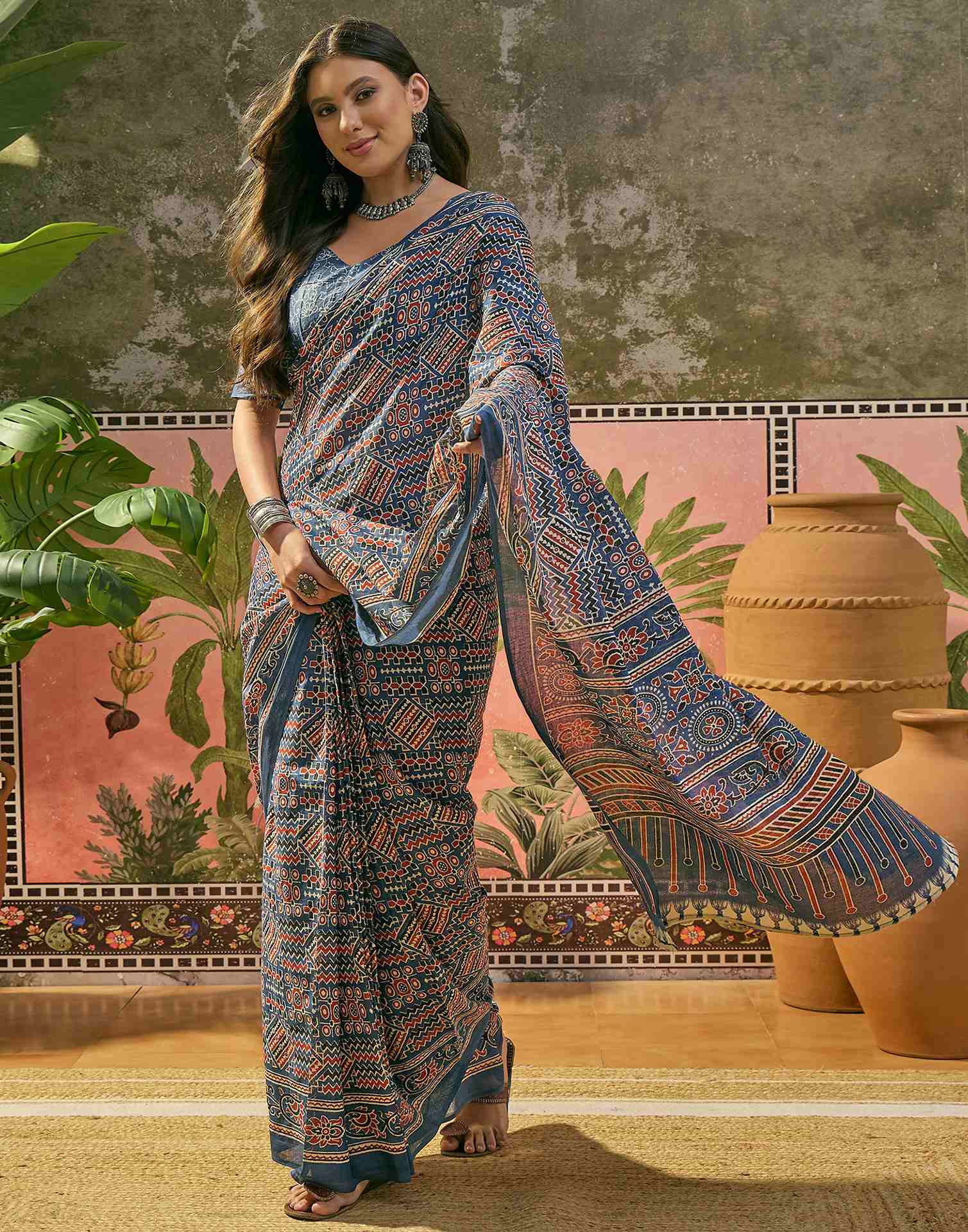 Ready To Wear Blue Cotton Printed Saree
