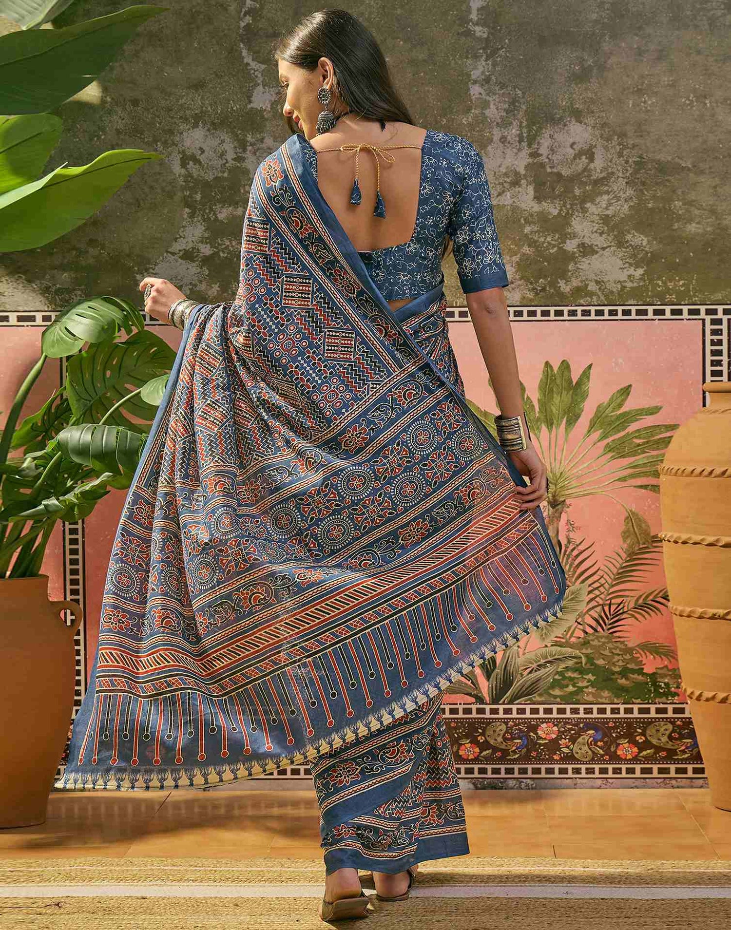 Ready To Wear Blue Cotton Printed Saree