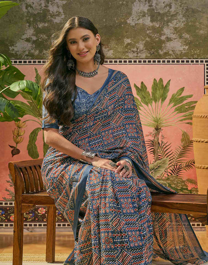 Ready To Wear Blue Cotton Printed Saree