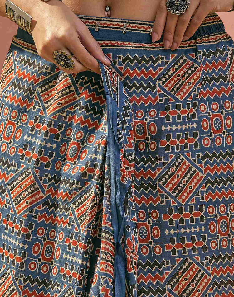 Ready To Wear Blue Cotton Printed Saree
