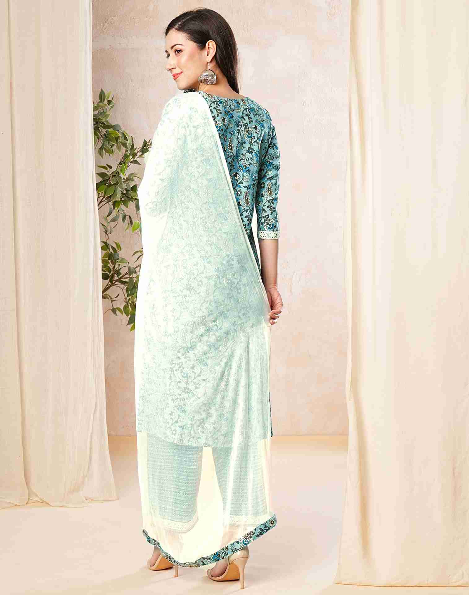 Light Blue Printed Cotton Straight Kurta With Pant And Dupatta