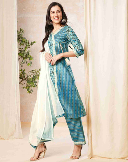 Light Blue Printed Cotton Straight Kurta With Pant And Dupatta