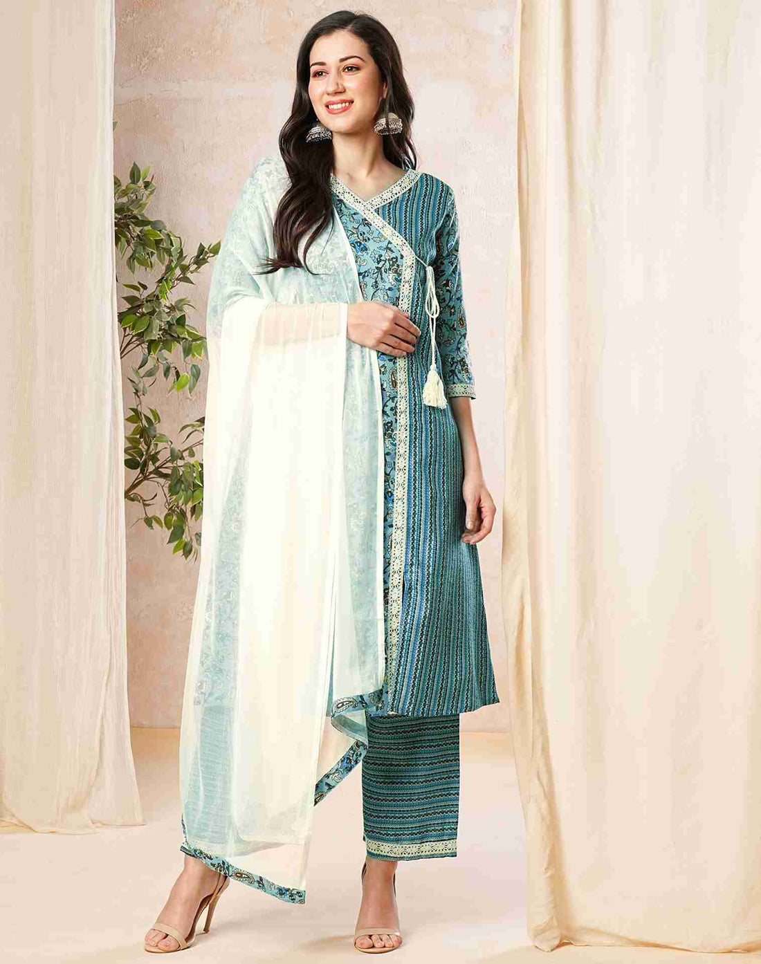 Light Blue Printed Cotton Straight Kurta With Pant And Dupatta