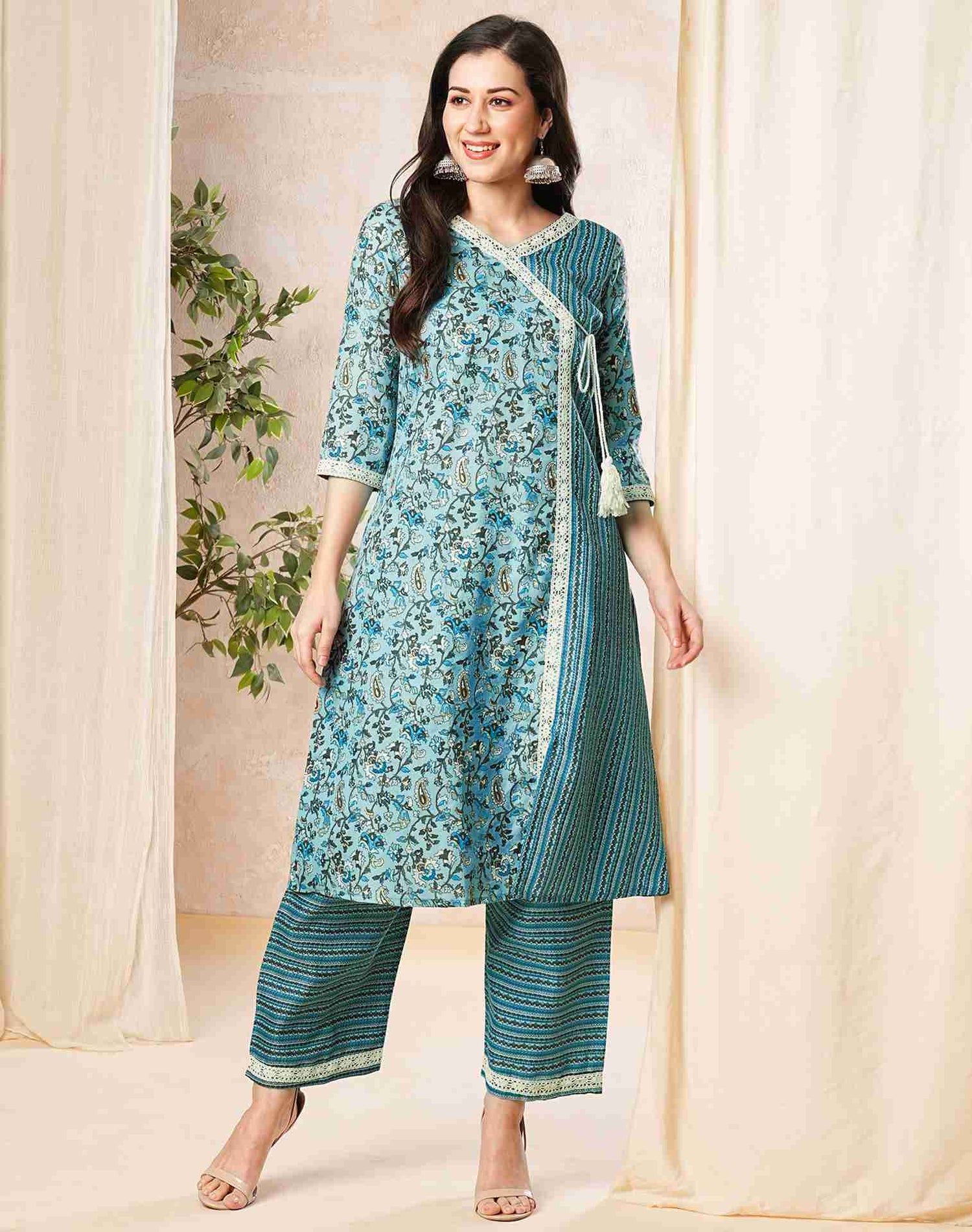 Light Blue Printed Cotton Straight Kurta With Pant And Dupatta