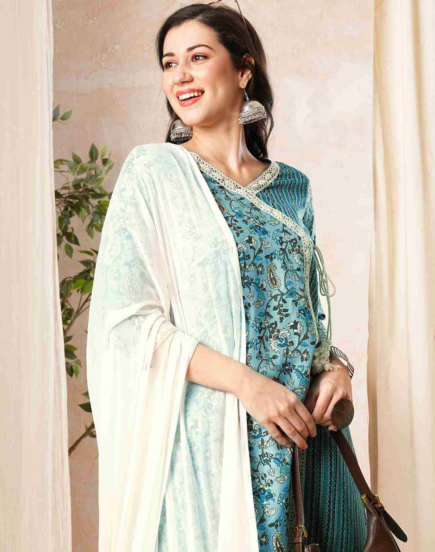 Light Blue Printed Cotton Straight Kurta With Pant And Dupatta