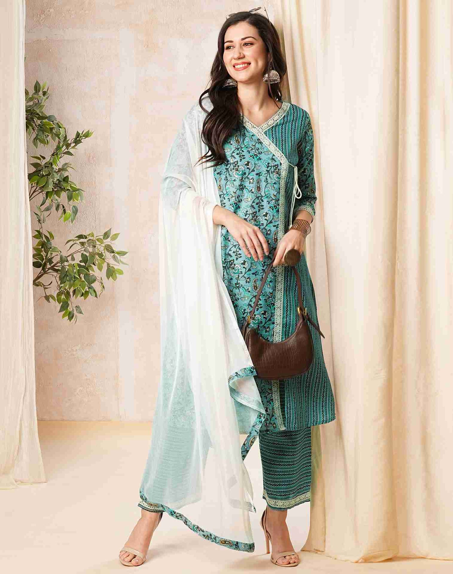 Light Blue Printed Cotton Straight Kurta With Pant And Dupatta