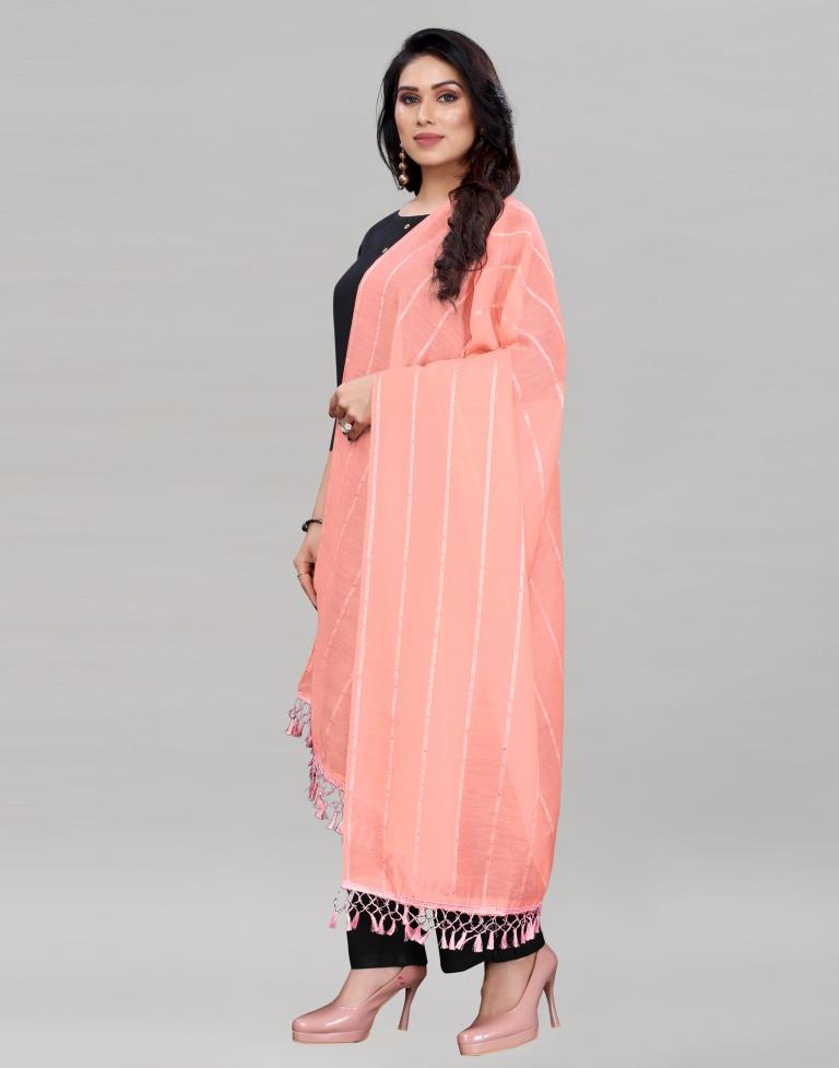Rose Pink Coloured Poly Cotton plain Sequence Weave Striped Dupatta | Sudathi