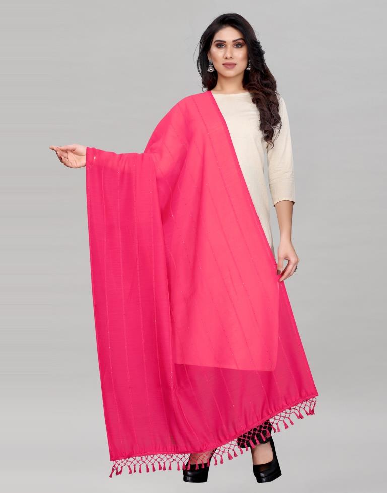 Pink Coloured Poly Cotton Plain Sequence Weave Striped Dupatta | Sudathi