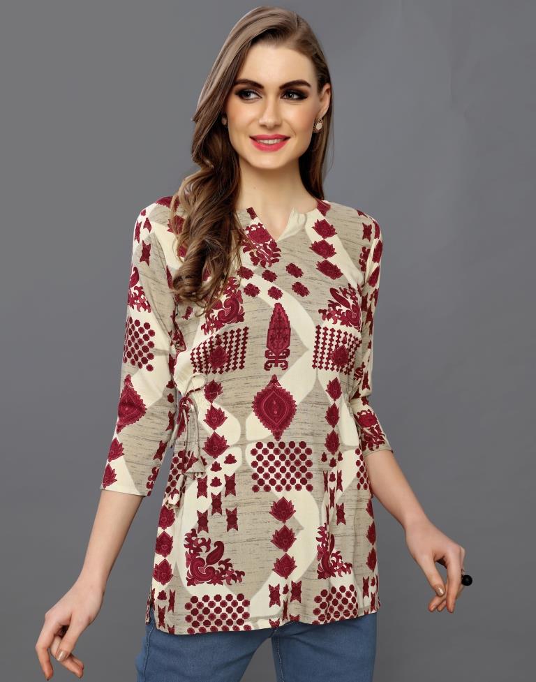 Amiable Beige Coloured Printed Rayon Tops | Sudathi