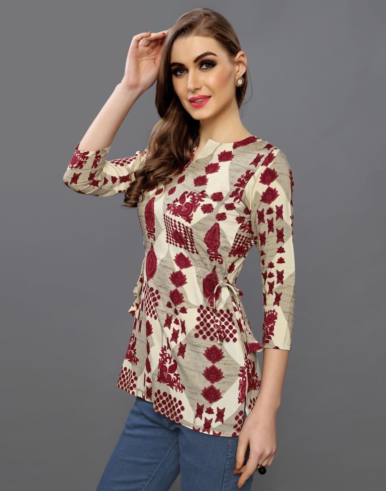 Amiable Beige Coloured Printed Rayon Tops | Sudathi