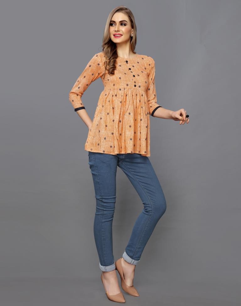 Trendy Peach Coloured Printed Rayon Tops | Sudathi