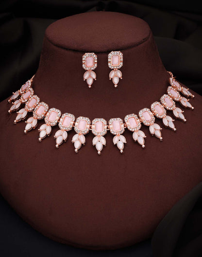 Pink Rose Gold Choker Necklace Set With Stud Earring