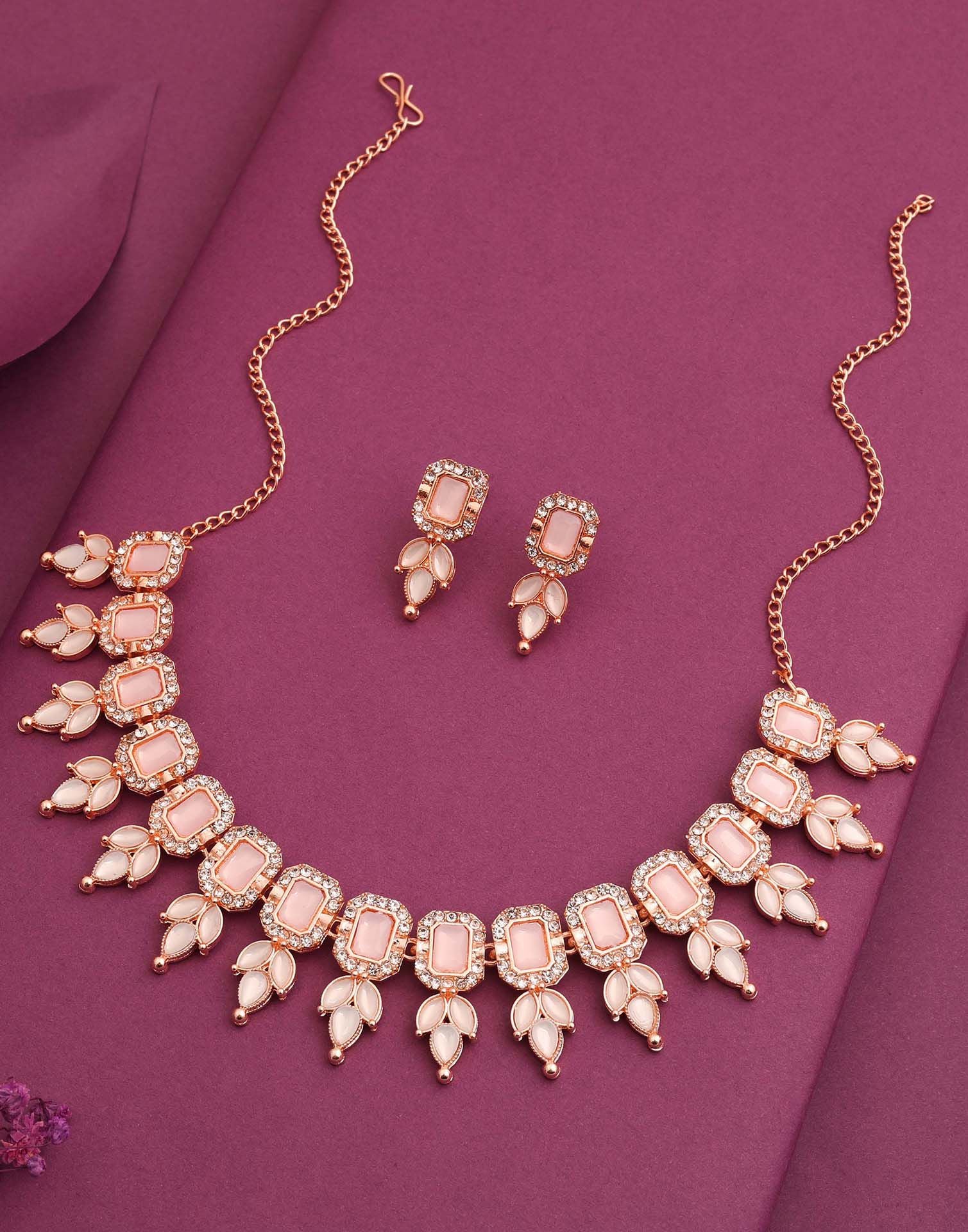 Pink Rose Gold Choker Necklace Set With Stud Earring