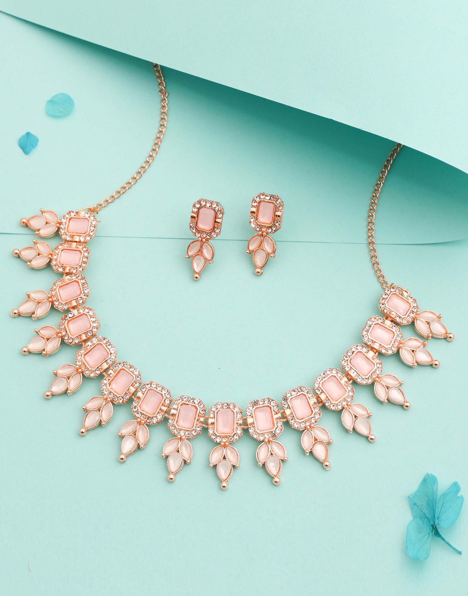 Pink Rose Gold Choker Necklace Set With Stud Earring