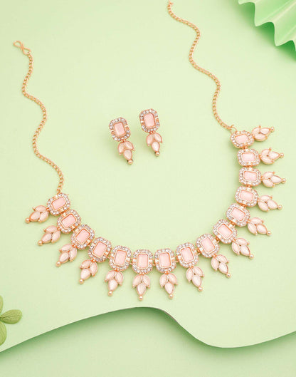 Pink Rose Gold Choker Necklace Set With Stud Earring