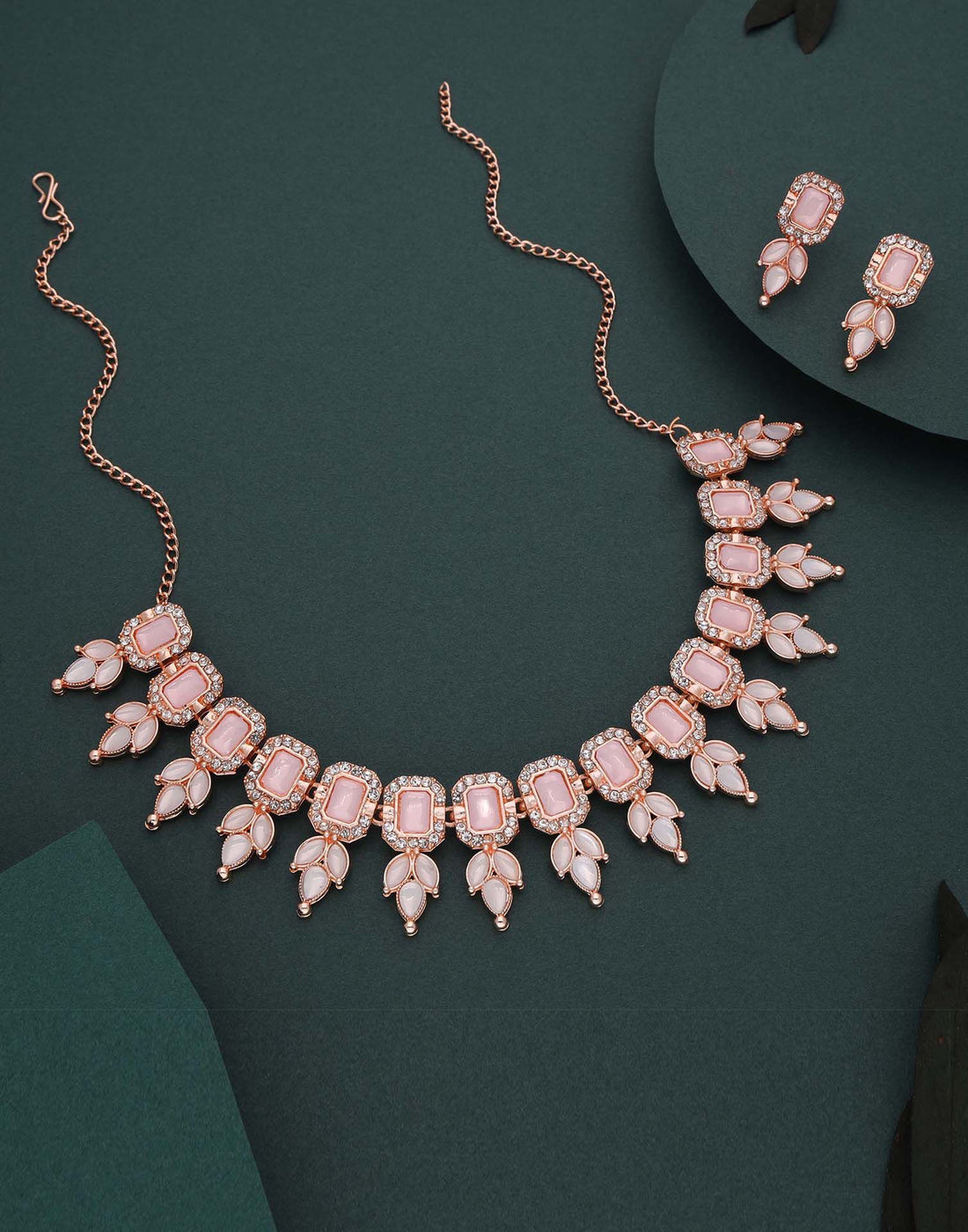 Pink Rose Gold Choker Necklace Set With Stud Earring