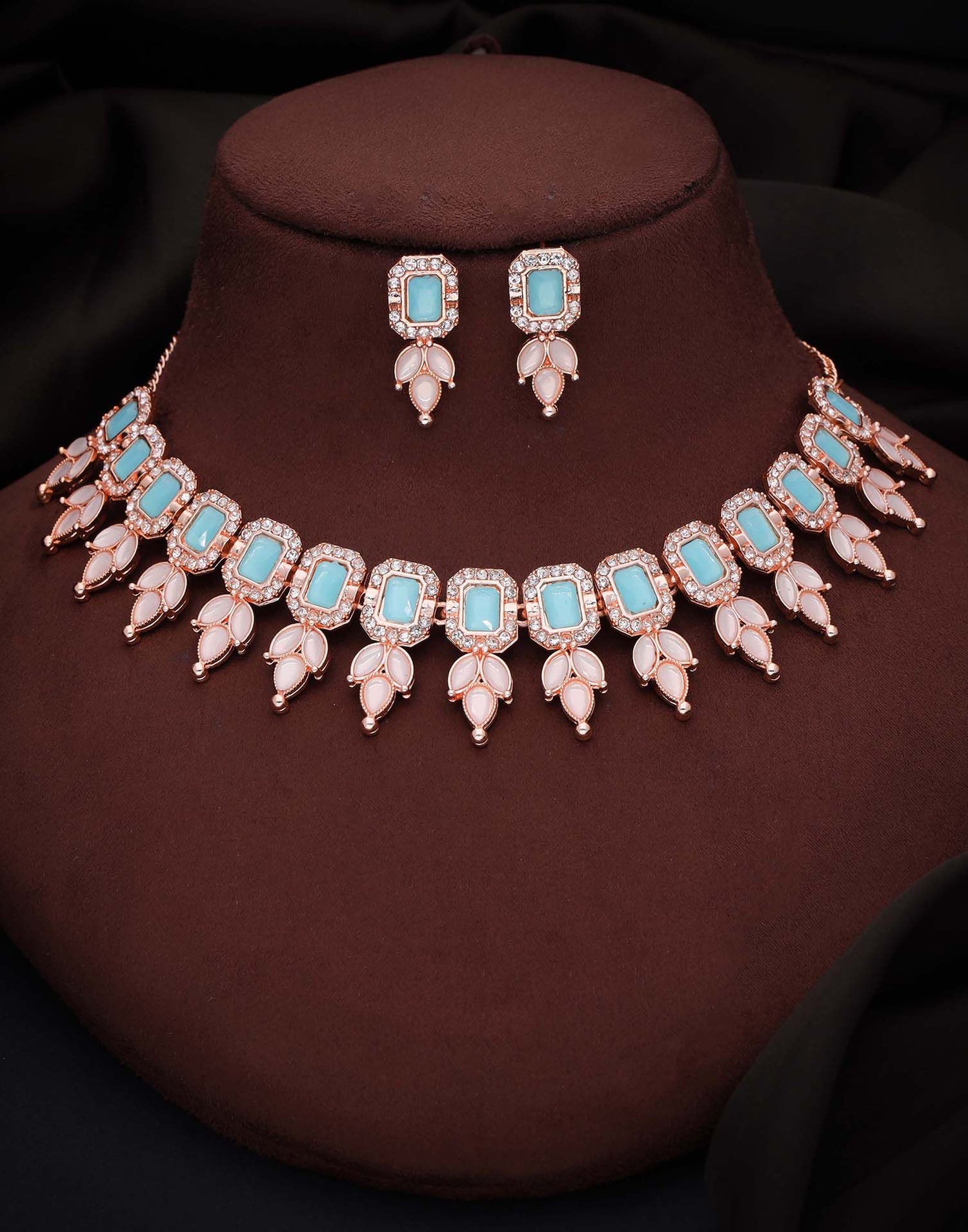 Blue Rose Gold Choker Necklace Set With Stud Earring