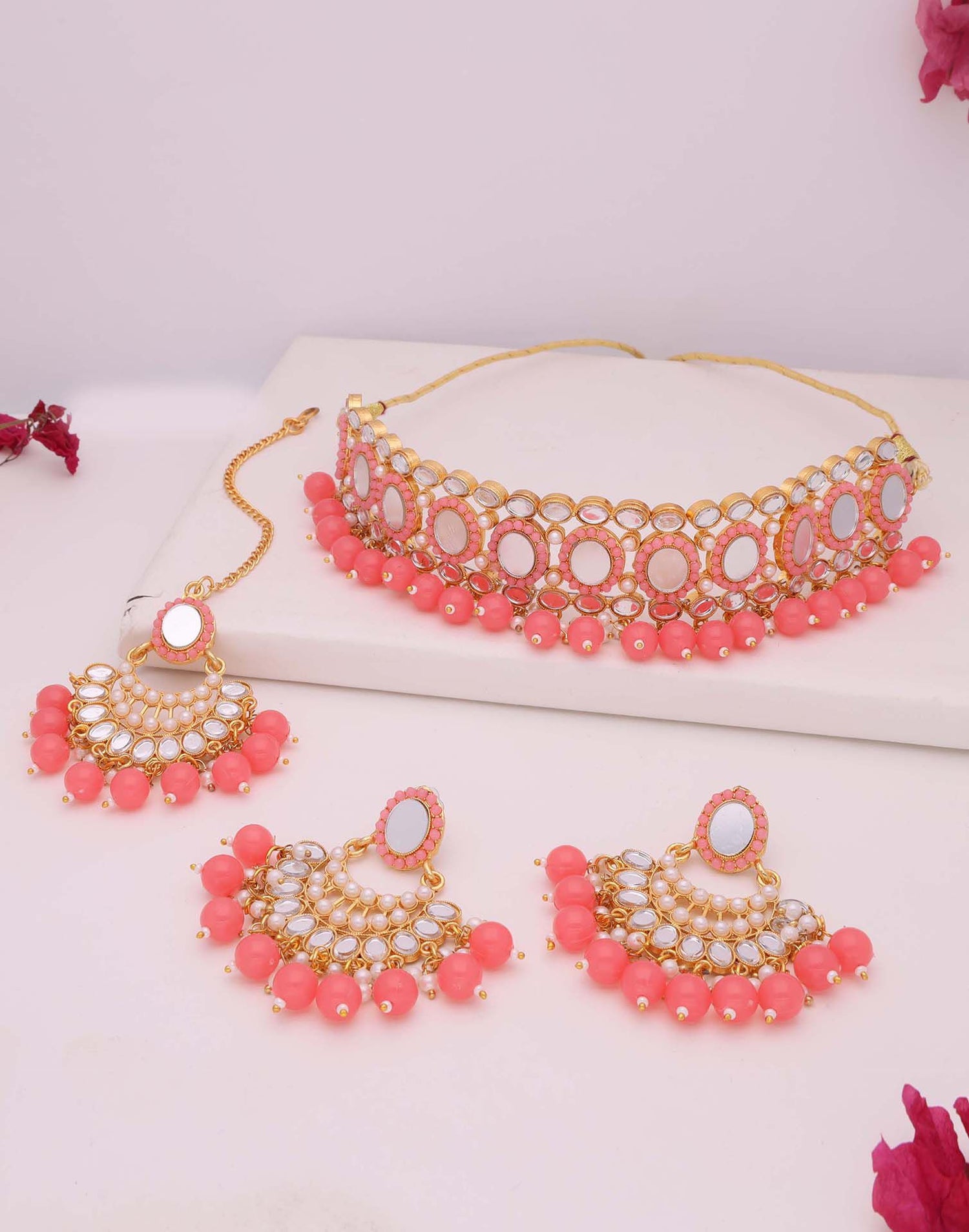 Pink Gold Choker Necklace Set With Dangle Earring