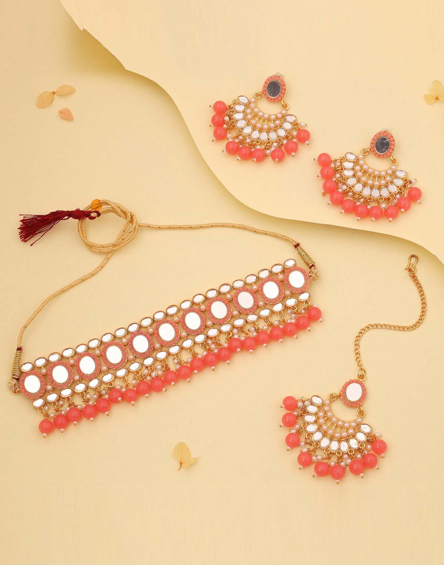 Pink Gold Choker Necklace Set With Dangle Earring