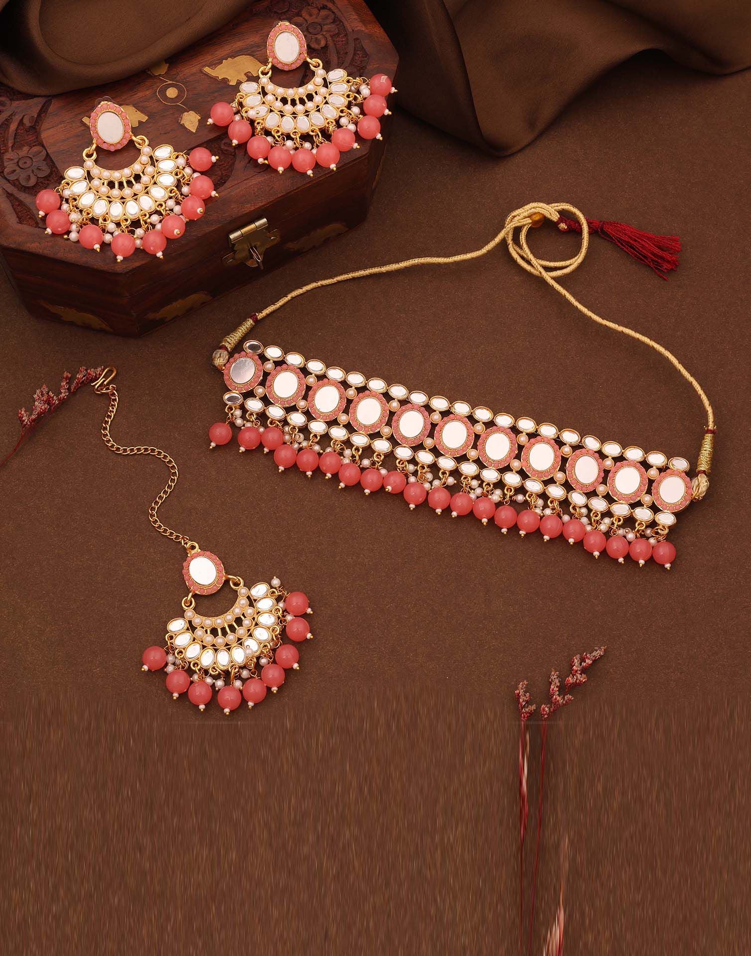 Pink Gold Choker Necklace Set With Dangle Earring